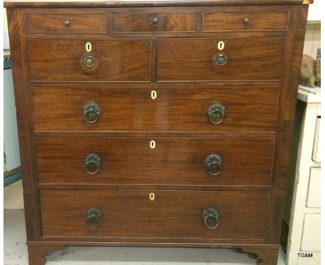 Flame mahogany chest of drawers 2/3 on bracket feet with 3 small jewellery drawers and ivory escutcheon 125 x 120 x 55cm