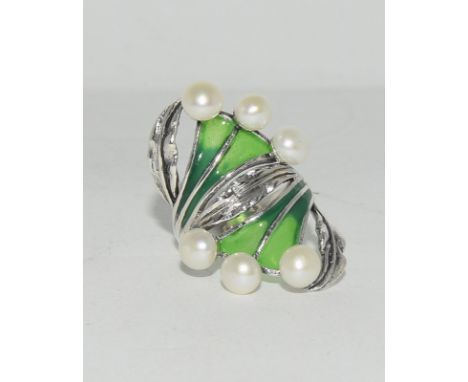 A silver CZ & freshwater pearl Plique a Jour Dress Ring