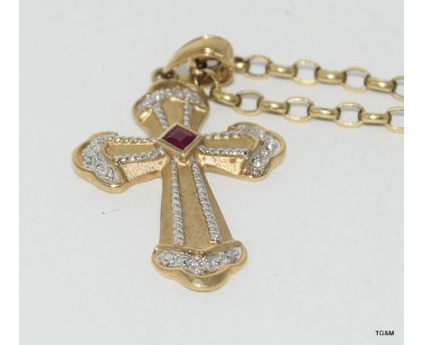 9ct gold ladies cross and chain set with diamond and ruby chain 50 cm