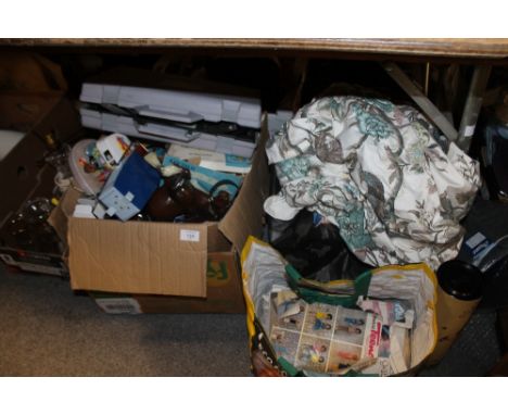 A LARGE QUANTITY OF ASSORTED HOUSEHOLD ITEMS TO INCLUDE SEWING PATTERNS, VINTAGE CURTAINS ORDNANCE SURVEY MAPS ETC.