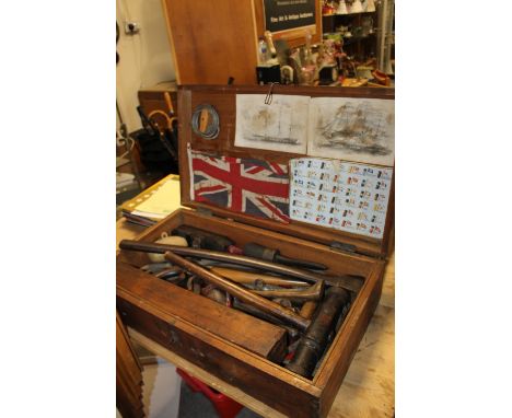 A SHIPWRIGHT'S TOOL CHEST AND CONTENTS, to include chalking irons, planes, mallets etc, W 71 cm