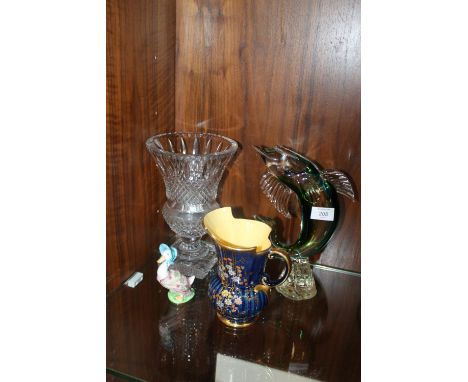 A LARGE CUT GLASS VASE, ART GLASS FISH, CROWN DEVON JUG AND A BESWICK GOLD STAMP JEMIMA PUDDLEDUCK FIGURE (4)