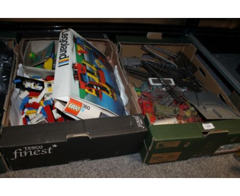 TWO TRAYS OF ASSORTED VINTAGE CARS, AND TOYS TO INCLUDE TRAIN TRACK AND LEGO