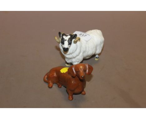 A BESWICK MATT FINISH RAM TOGETHER WITH A SEATED BESWICK GLOSS FINISH TAN DACHSHUND 