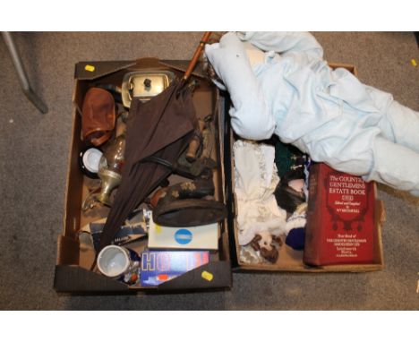 TWO TRAYS OF VINTAGE COLLECTABLES, DOLLS ETC. TO INCLUDE A VINTAGE LEATHER HANDLED PARASOL 