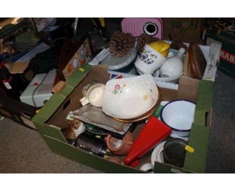 THREE TRAYS OF CERAMICS AND SUNDRIES TO INCLUDE PROJECTOR, SILVER PLATED WARE ETC.