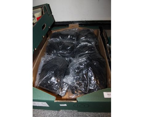 A BOX OF TWELVE BAGS OF VINTAGE BLACK SATIN SUSPENDER BELTS EACH BAG CONTAINING APPROX TWELVE