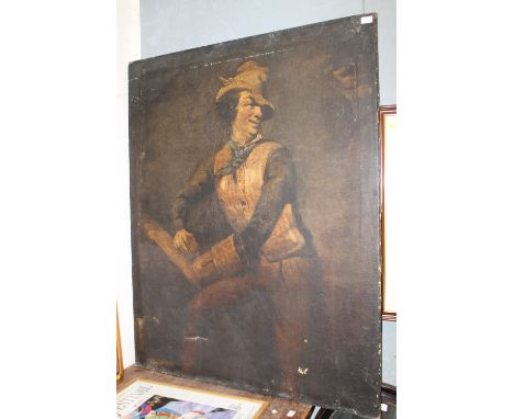 A LARGE VINTAGE OIL ON CANVAS DEPICTING A GENTLEMAN IN A HAT