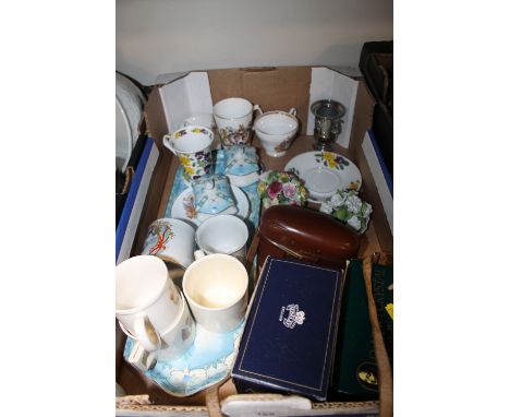 A TRAY OF CERAMICS TO INCLUDE AYNSLEY PLUS A VINTAGE KODAK CAMERA 