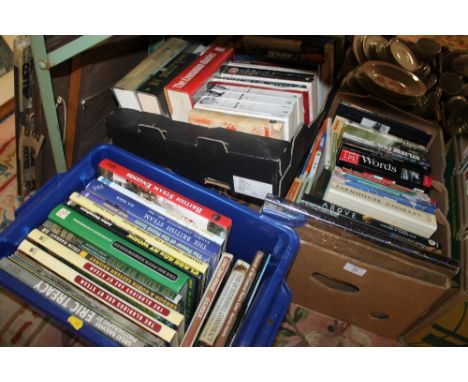 FOUR TRAYS OF ASSORTED BOOKS TO INCLUDE STEAM ENGINE AND MILITARY INTEREST