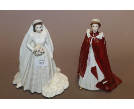 TWO ROYAL WORCESTER QUEEN ELIZABETH II FIGURES DIAMOND WEDDING ANNIVERSARY AND 80TH BIRTHDAY
