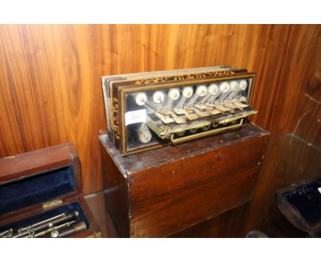 A CASED VINTAGE INLAID ACCORDIAN WITH MOTHER OF PEARL KEYS 