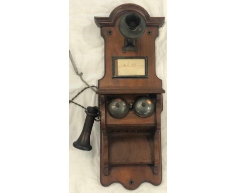 1900's Mahogany Wall hanging stick telephonethere are no markings to the transmitter or microphone  there are markings to the