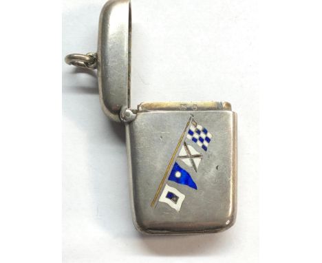 Silver and enamel combination vesta case Birmingham silver hallmarks case has enamel flags on front with engraved initials on