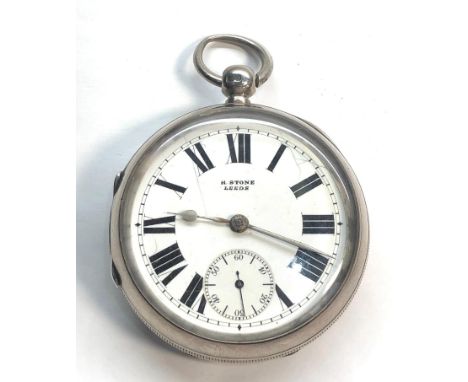 Large silver pocket watch by H.Stone Leeds watch winds and ticks case measures approx 56mm dia not including loop or stem 