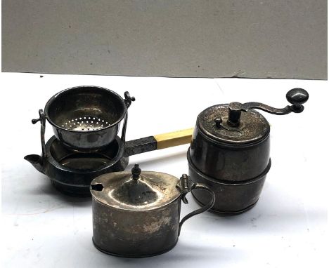 3 vintage silver items incudes tea strainer mustard pot and pepper grinder 