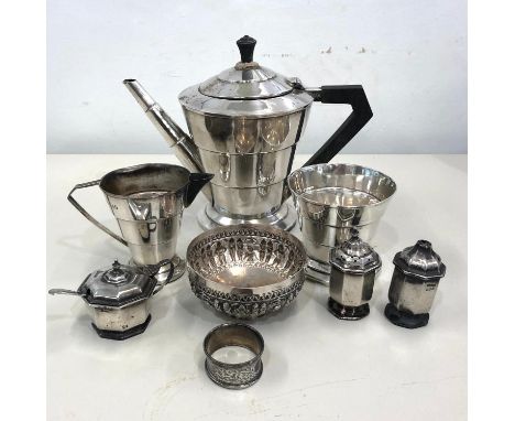 Collection of Silver items to include a 3 piece Silver tea service, cruet set, Indian silver bowl etc, poor condition,  Appro