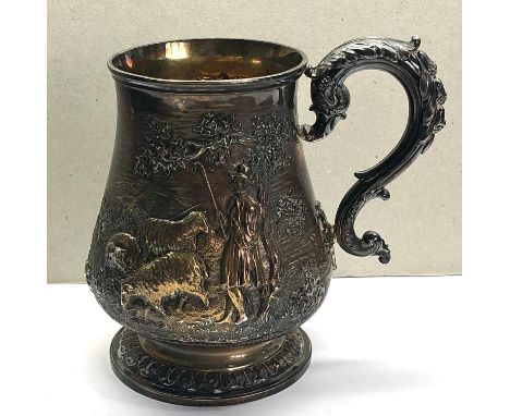 Large victorian silver tankard embossed with shepherd and sheep with presentation engraved panel that reads presented by John