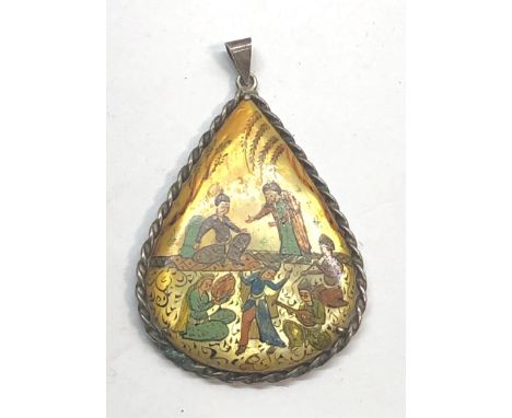 Islamic scene mother of pearl painted silver mounted pendant 