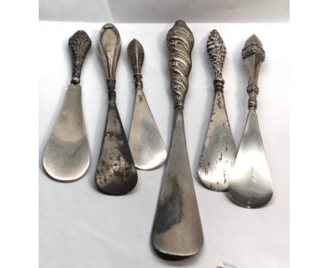 Selection of 5 antique silver shoe horns, largest measures approx 25cm long 