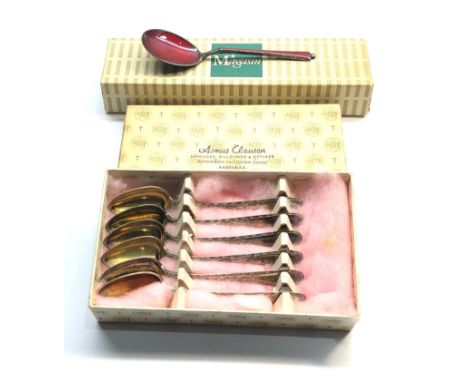 Collection of danish silver spoons includes enamel spoon 