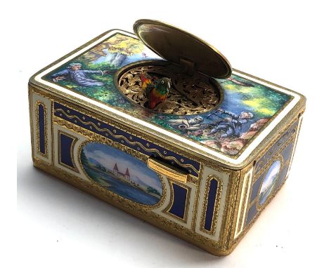 Rare vintage Swiss enamel scene bird automaton singing bird musical box enamel scenes on every side lid opens showing small s