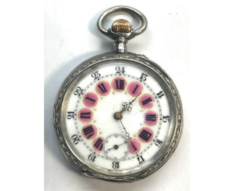 Antique goliath size silver pocket watch coloured enamel dial case measures approx 61mm dia watch winds and ticks 