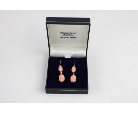Vintage sterling silver carved coral cameo double drop earrings 