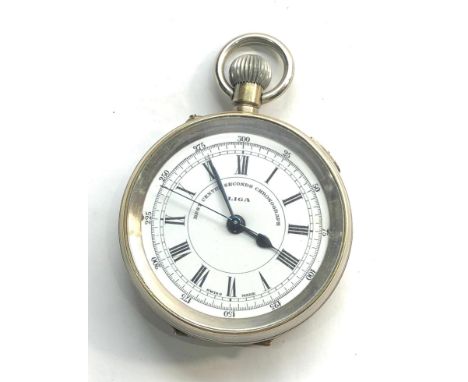 Liga centre second chronograph pocket watch metal cased white dial and metal cased winds and tick diameter 55mm 