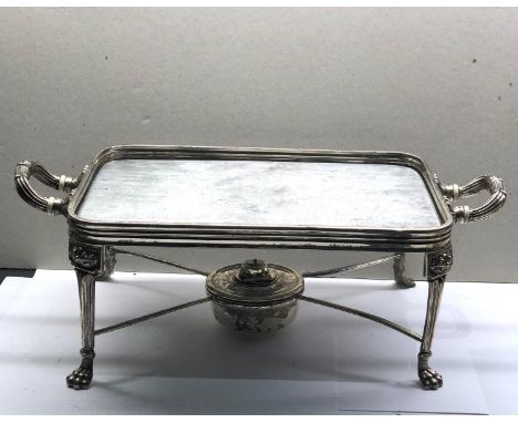 Large antique silver hot plate Sheffield silver hallmarks metal hot plate spirit warmer measures approx. 38cm by 20cm height 