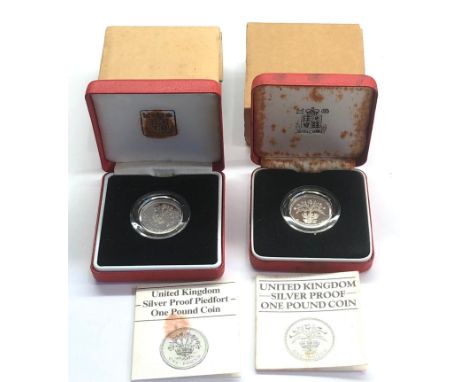 2 Royal Mint sterling silver proof Piedfort one pound coins 1984 and 1986 original box and packaging 