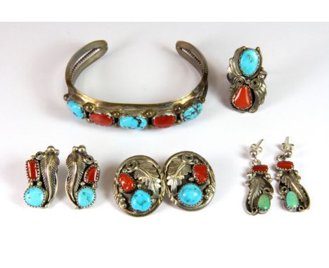 A sterling silver turquoise and cornelian set ring, bangle and three pairs of earrings.