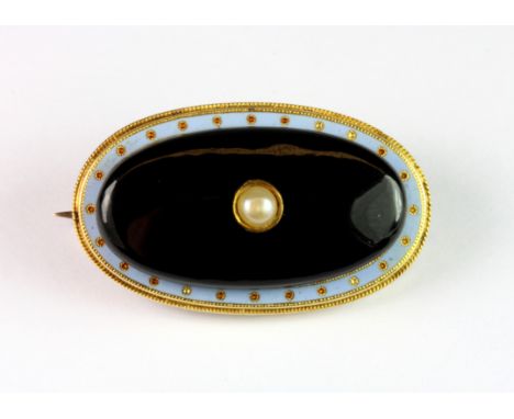 An interesting 9ct yellow gold (stamped 9ct) and enamel onyx and seed pearl set brooch, L. 3.5cm.