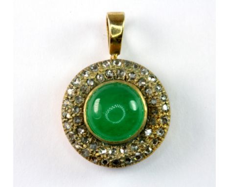 A yellow metal (tested 9ct gold) diamond and jade set pendant, Dia. 1.5cm.