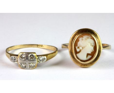 A yellow metal (tested minimum 9ct gold) diamond set ring (O) together with a 9ct yellow gold cameo ring (K.5).