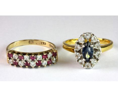 A 9ct yellow gold ruby and white stone set half eternity ring (O.5) together with a further 9ct gold stone set cluster ring (