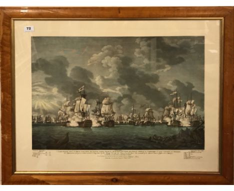 A large reproduction maple framed lithograph of an 18th century naval battle scene, 88cm x 71cm.