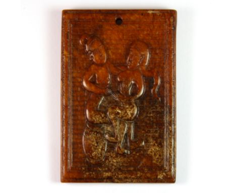 A Chinese carved erotic yellow jade/hardstone double sided panel, 5.5 x 8.5 x 0.5cm.