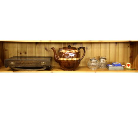 A large ceramic teapot, cased cutlery set etc.