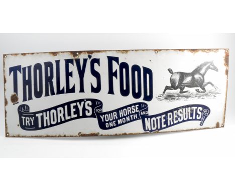 An enamel sign, Thorley's Food, printed with a horse, 12ins x 33ins