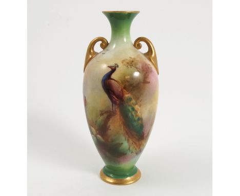 A Royal Worcester Hadley's vase, decorated with a peacock with foliage, dated 1905, height 4.5ins   Condition report:  Possib