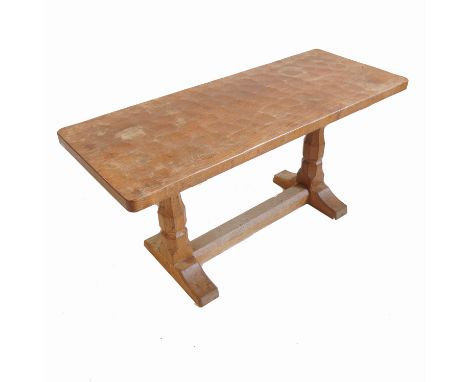 Robert Thompson of Kilburn (Mouseman), oak coffee table, raised on a refectory style base, width 36ins