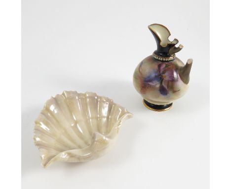 A Hadley's Worcester ewer, decorated with Iris, af, height 3.5ins, together with a Royal Worcester shell dish, decorated with
