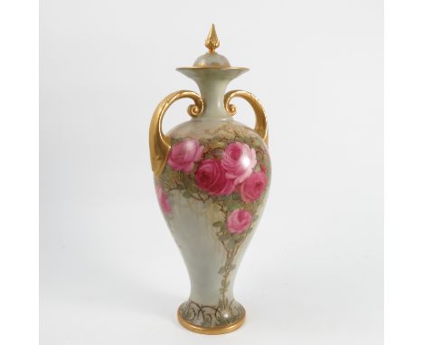 A Royal Worcester covered pedestal vase, decorated with roses, leaves and gilding, shape number 2730, dated 1919, cover af, h