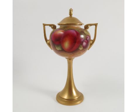 A Royal Worcester covered vase, the front decorated with fruit to a mossy background by E Townsend, with gilt cover, pair of 