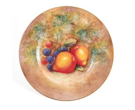 A Royal Worcester plate, hand painted with fruit to a mossy background by J Cook, diameter 8ins    Condition report:  Good co