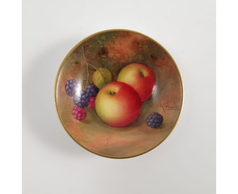 A Royal Worcester circular dish, decorated with fruit to a mossy background by A Shuck, dated 1941, diameter 2.75ins   Condit