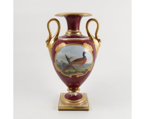 A Flight, Barr and Barr Worcester pedestal vase, with gilt rim and a pair of gilt swan neck handles, the burgundy baluster bo