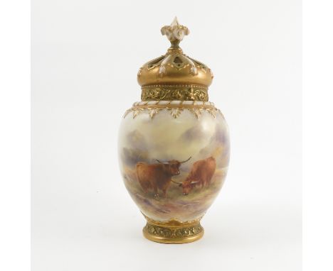 A Royal Worcester covered pot pourri, the front decorated with two Highland cattle in landscape by J Stinton, with pierced co