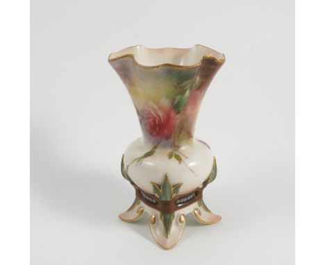 A Hadley's Worcester vase, decorated with roses, with shaped edge, raised on four feet, height 4ins   Condition report:  Good